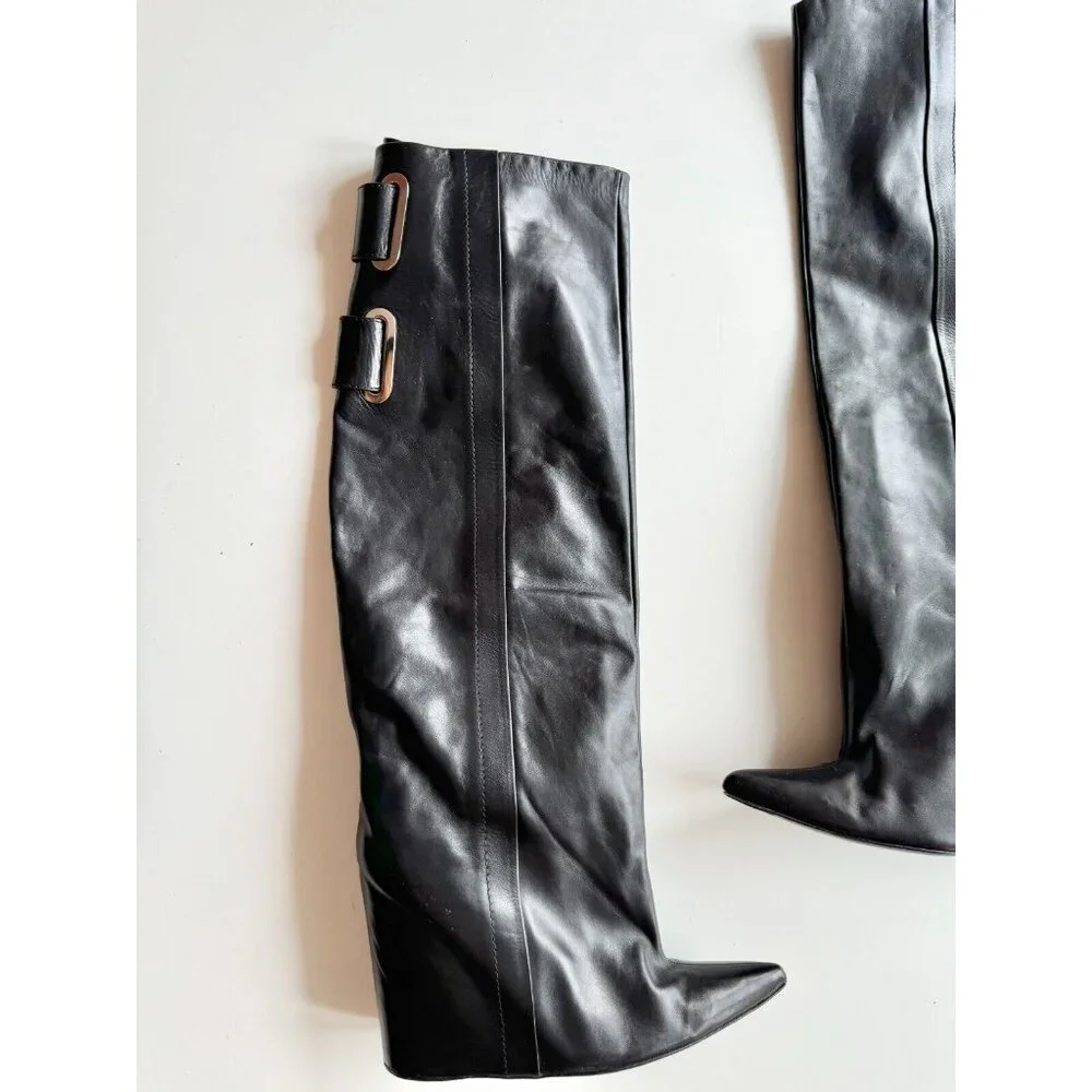BALENCIAGA Astrogirl Black Leather TK Over The Knee Tall Wedge Boots, Size 39.5 - Picture 3 of 16